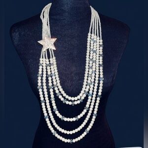 Vintage Kirks Folly 5 Strands Faux Pearls w Iridescent Blue Beads & Star Pendant
